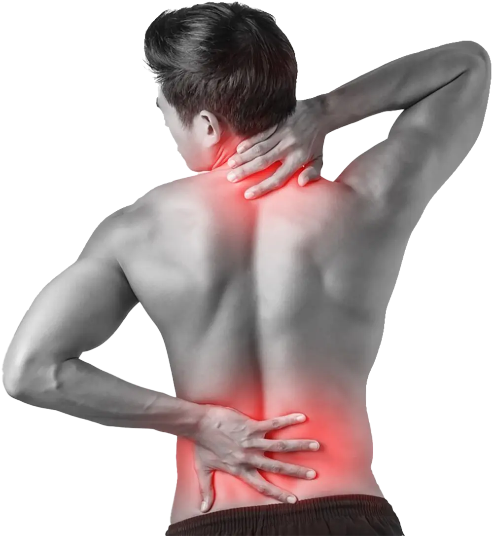 man rubbing his painful back and neck